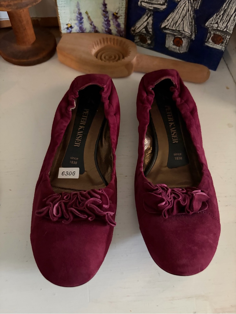 Peter Kaiser Burgundy Suede Rosette Ballet Flats